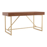 Homes: Inside + Out Lizon Modern 60 Inch Wood Desk With Drawers, Office Table With Storage, Vanity Without Mirror For Bedroom, Study Room, Dorm, Light Walnut Brown & Gold HOMES: INSIDE + OUT