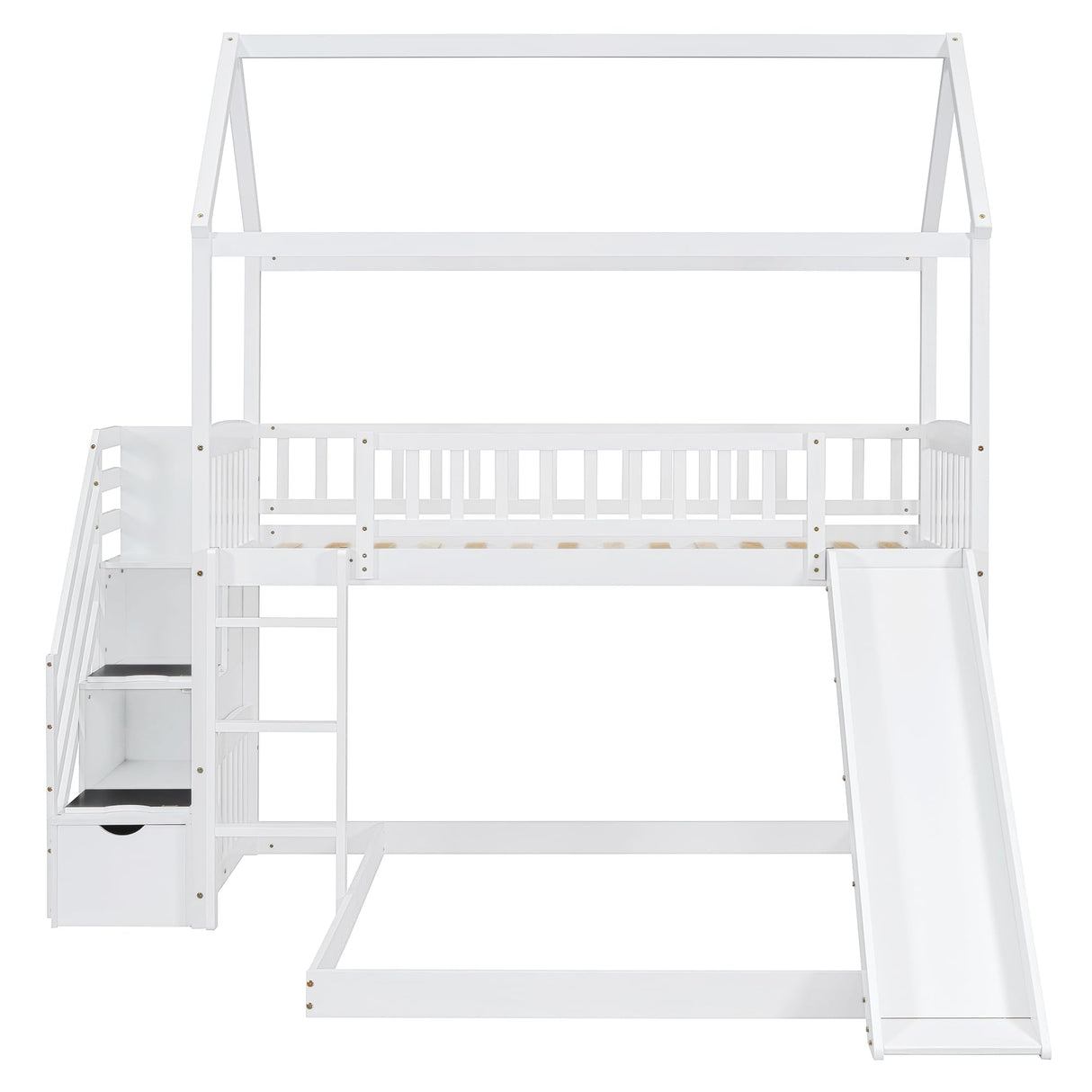 Bunk Bed with Slide, House Bunk Beds Twin Over Full Stairway Bunk Beds Playhouse Bunkbed with Storage for Kids Toddlers Girls/Boys, White Bellemave