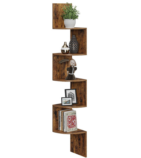 VIMBER 5-Tier Corner Shelf Wall Mount, Corner Bookshelf, Industrial Corner Ladder Shelf, Modern Display Shelf for Living Room, Bedroom, Kitchen, Home Office, Bathroom, Rustci Brown UJSJ003F VIMBER