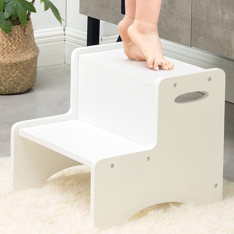 WOOD CITY Wooden Toddler Step Stool for Kids, White Two Step Children's Potty Stool with Handles, Bonus Non-Slip Pads for Safety, Bathroom & Kitchen, Dual Height WOOD CITY