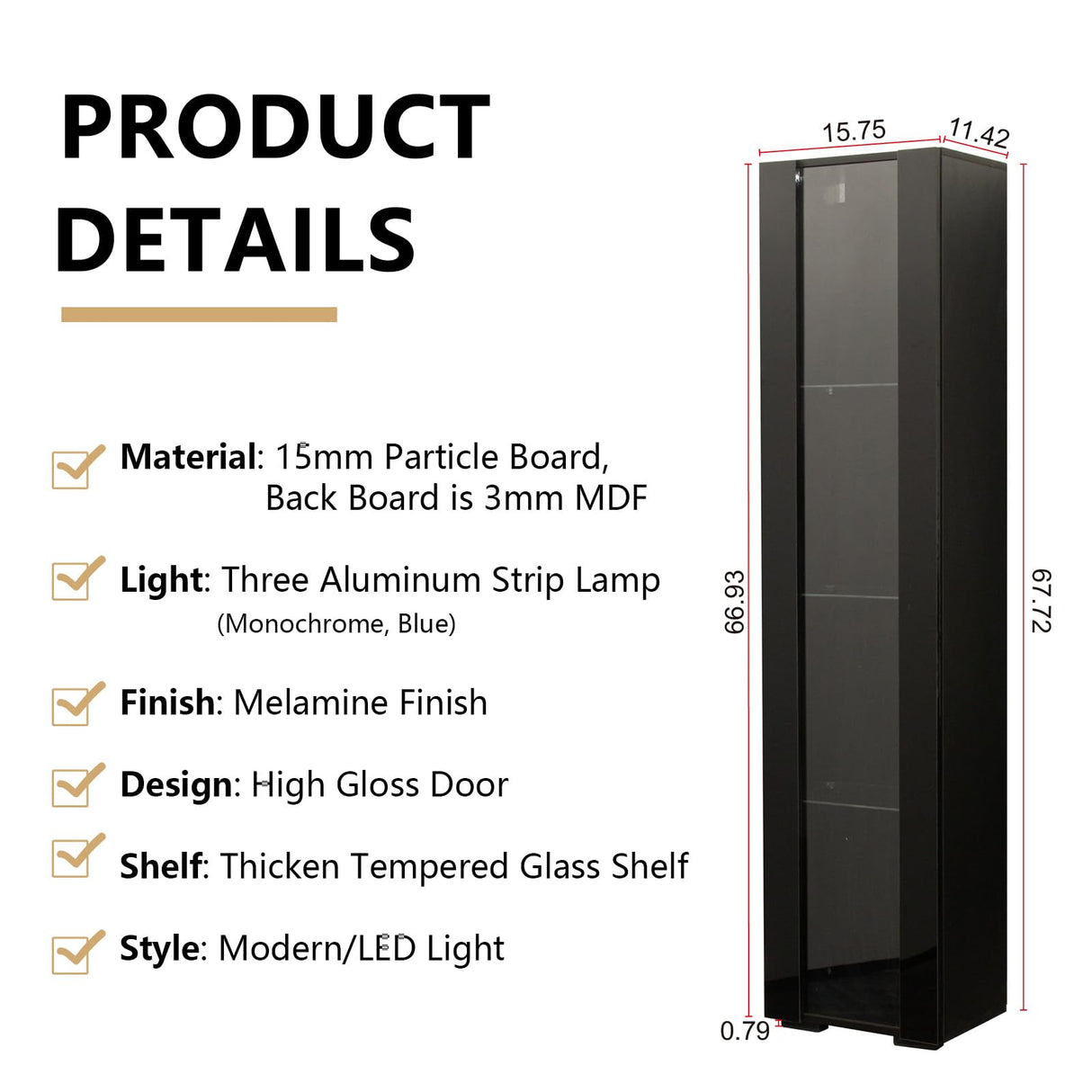 Pvillez 67" LED Display Cabinet with 4 Glass Shelves & 1 Door, Modern Curio Cabinet Collection Display Case Storage Cabinet, High Gloss Floor Standing Bookshelf for Living Room Bedroom Office (Black) Pvillez