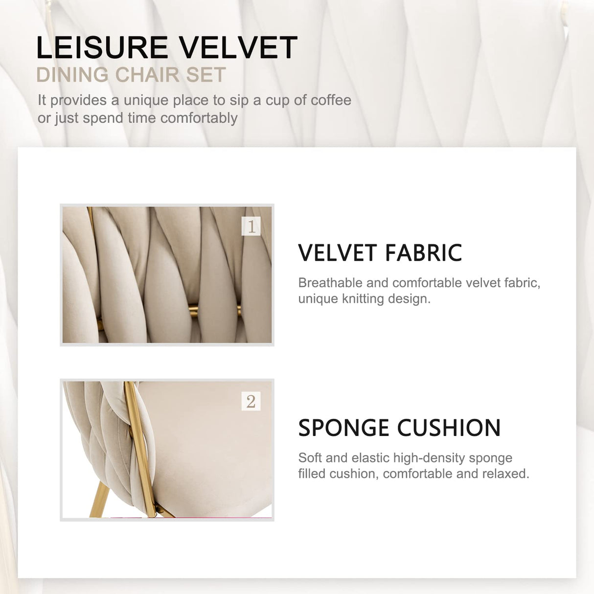 Nrizc Velvet Dining Chairs Set of 4, Woven Upholstered Dining Chairs with Gold Metal Legs, Modern Accent Chairs for Living Room, Dining Room, Kitchen Nrizc