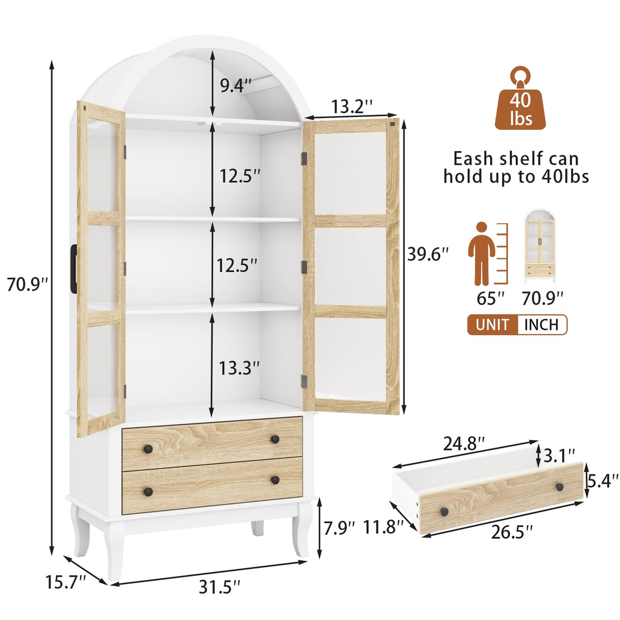 71" Tall Arched Kitchen Pantry, Modern Farmhouse Wood Kitchens Storage Cabinets with 2 Large Drawers and Adjustable Shelves, Arched Display Cabinet with Glass Doors for Dining Room, Bathroom LIVAUVEAD