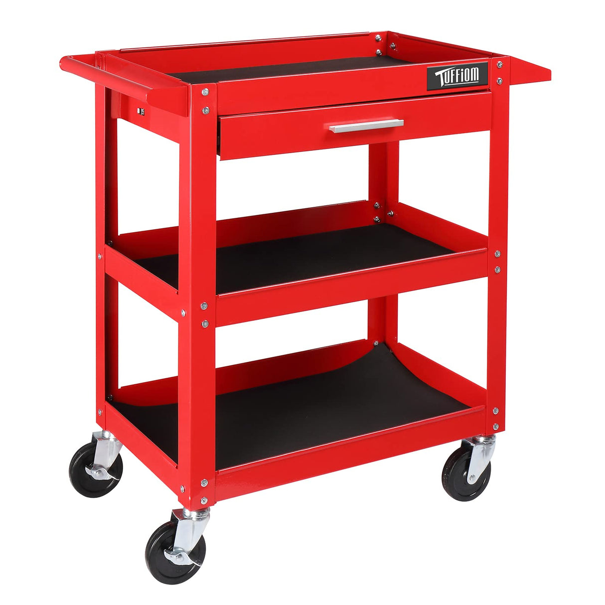 TUFFIOM 3 Tier Rolling Tool Cart, 330 LBS Capacity Industrial Service Cart, Heavy Duty Steel Utility Cart, Tool Organizer with Drawer, Perfect for Garage, Warehouse & Repair Shop (Red) TUFFIOM