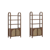 Nathan James Paxton Boho Arched Bookshelf Cabinet with Solid Wood Frame and Rattan Base, Dark Acacia, Set of 2 Nathan James