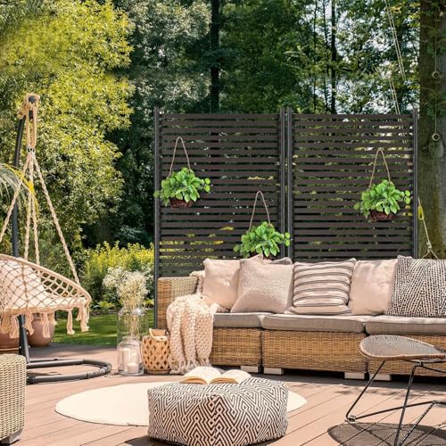 Metal Outdoor Privacy Screen with Stand, 3 ft W x 6 ft H PE-Coating Steel Pipes and Slats Panels, Decoative Privacy Screen Fence Panels Freestanding for Outside Patio Garden Backyard, Brown OTOSUNNY