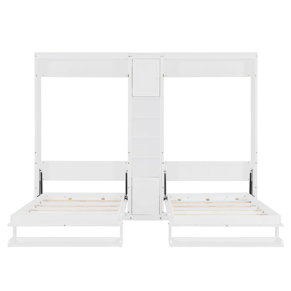 SOFTSEA Twin and Twin Size Dual Murphy Bed with Cabinets and Shelves, Hideaway Platform Bed Frame with 2 Cabinets, 2 in 1 Design, for Home Guest Room, White SOFTSEA