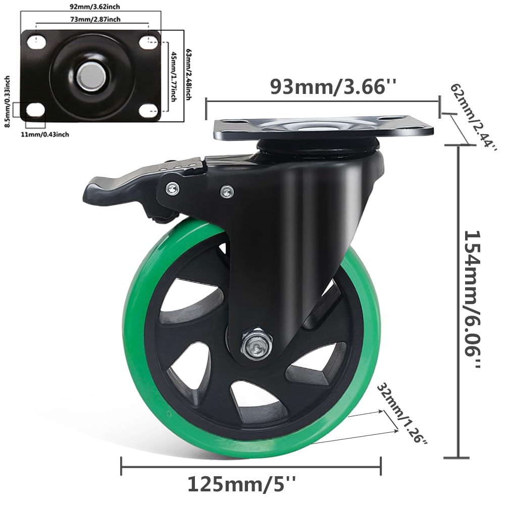 5 Inch Caster Wheels, Casters Set of 4 Heavy Duty, BZOLIHEU Locking Casters, Silent Top Plate Swivel Casters with Brake, Polyurethane Castor Wheels for Furniture and Workbench Cart, Green BZOLIHEU