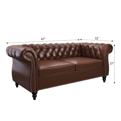 2 Piece Living Room Set, Chesterfield Leather Sofa Loveseat Couch with Scroll Arms and Nailhead for Living Room, Office (Dark Brown)