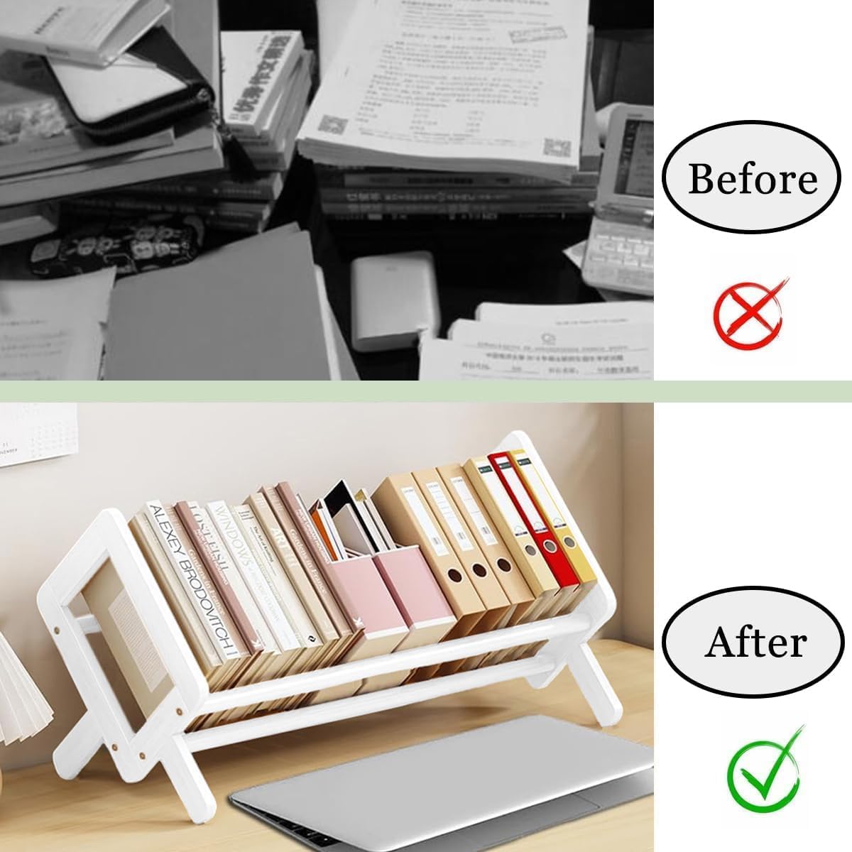 Fox Claw Wood Tilting Bookcase in Living Room/Home/Office, Desktop Book Shelf Organizer Bookshelves Storage Rack for CDs/Magazine/Books Display (White, 19.68"-L) Fox Claw