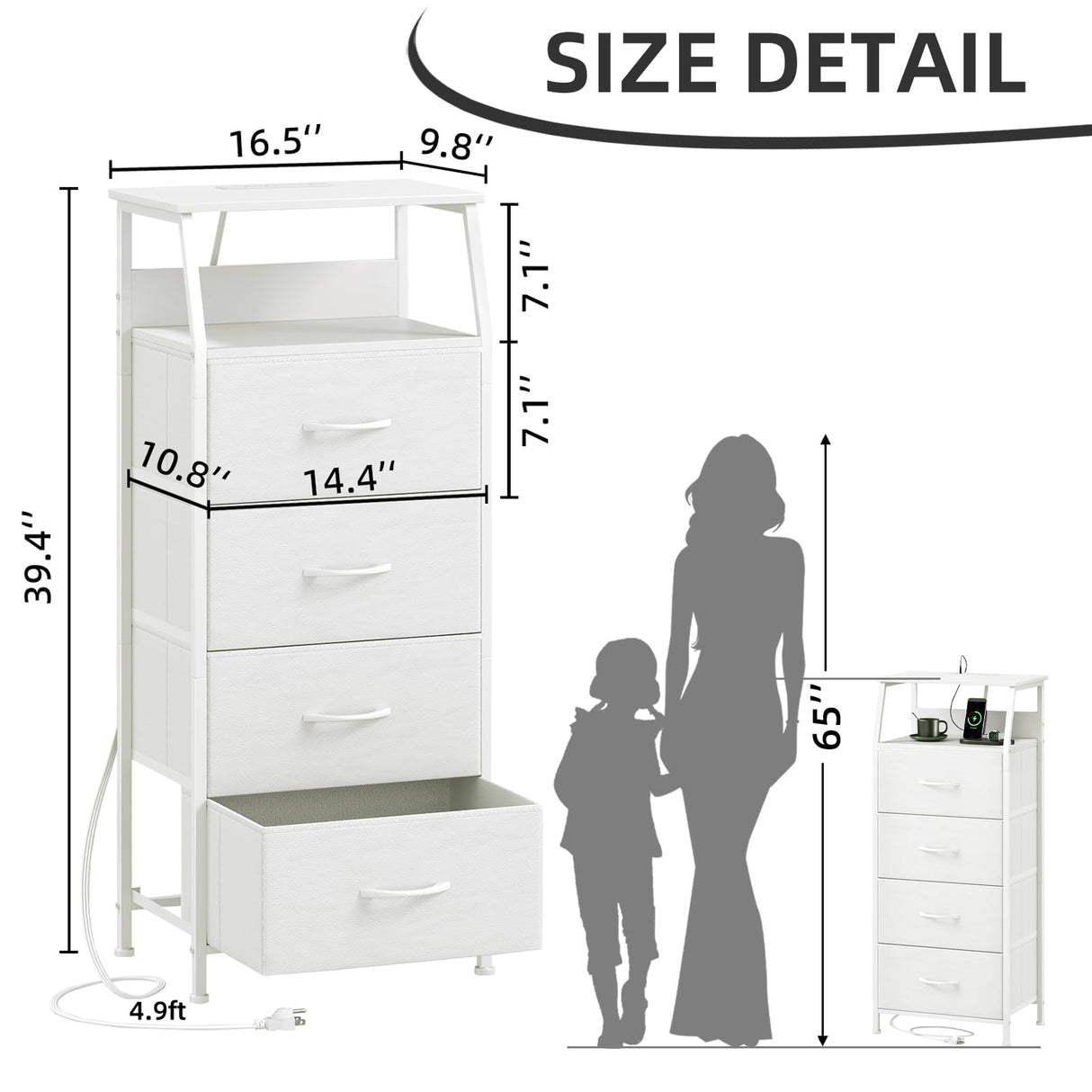 Somdot White Nightstand with Charging Station and LED Light for Bedroom, Tall 4 Drawers Dresser with Fabric Bins for Bedside Kids Dorm Room Closet Laundry Entryway, White Leather Somdot