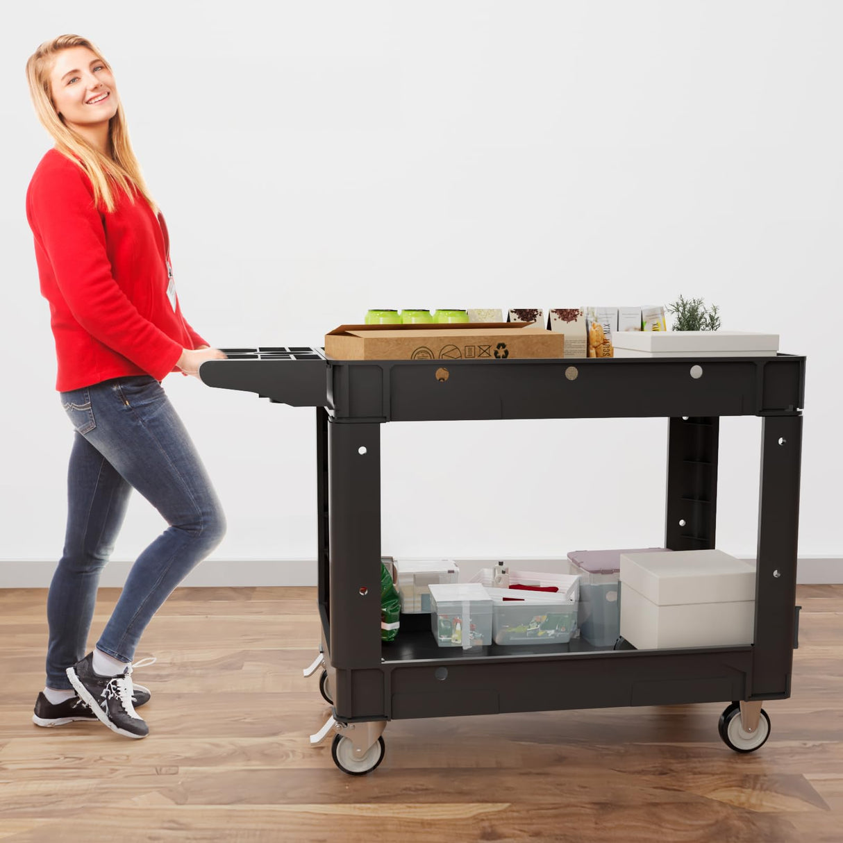 Our Modern Space Commercial Grade 2 Shelf Utility Cart with Wheels - Rolling Tool Cart, Heavy Duty Service Push Cart for Business Warehouse Office Restaurants Ecommerce Garage Our Modern Space