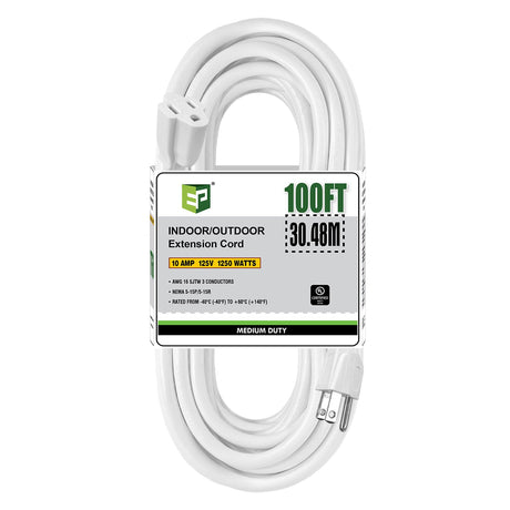 EP 100 Ft Outdoor Extension Cord - 16/3 SJTW White Electrical Cable with 3 Prong Grounded Plug, UL Listed EP