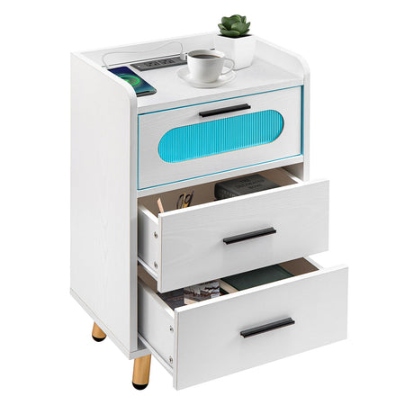 Wood LED Nightstand with Charging Station, Night Stand with 3 Wood Drawers, End Table with USB/Type-C Ports and Outlets, Modern High Gloss Nightstand for Bedroom - White M MOKENEYE