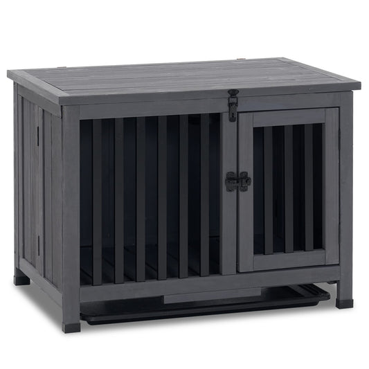 MCombo Wooden Dog Crate Furniture, Dog Kennel Pet House End Table, Solid Wood Portable Foldable Indoor Cage for Dogs, No Assembly Needed (Small, Grey) - WoodArtSupply