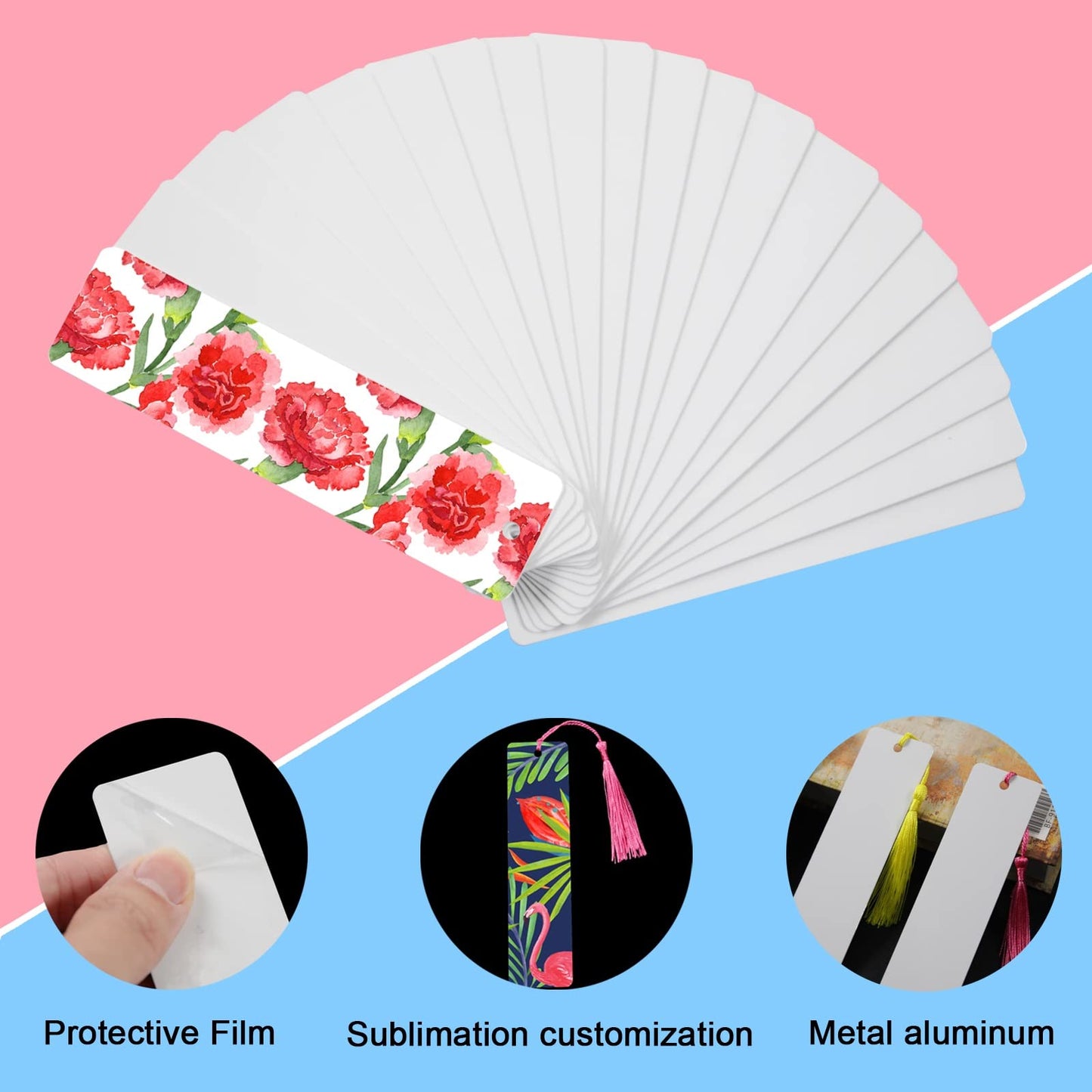 50 Pcs Sublimation Bookmark Blank Heat Transfer Aluminum Metal Bookmarks Bulk DIY Bookmarks with Hole and Colorful Tassels for Crafts,Personalized Tassels Blank Bookmarks