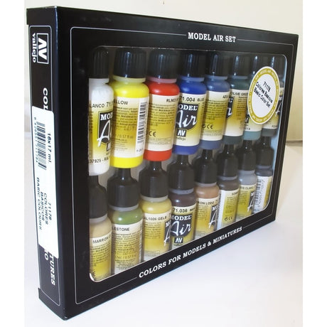 Vallejo Basic Colors: Acrylic 16 Airbrush Paint Set for Model & Hobby 71178, Black, 0.57 Fl Oz (Pack of 16) Vallejo