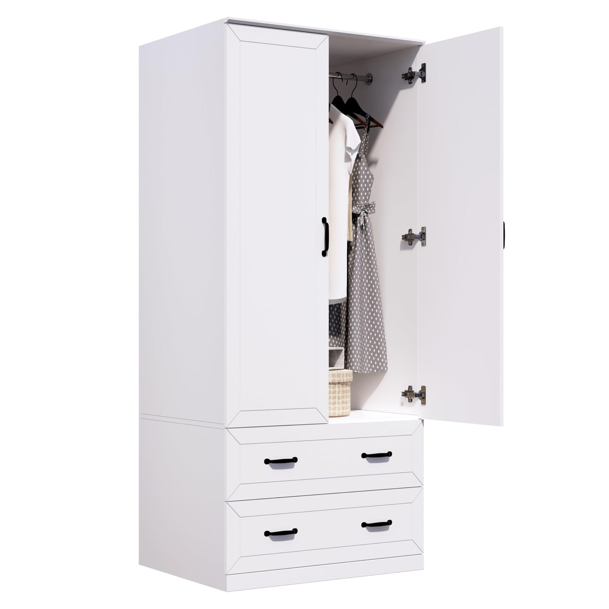 NewBeth 71" Wood Armoire Wardrobe Closet with 2 Doors and 2 Drawers, Clothes Storage Organizer Cabinets with Hanging Rod Freestanding Wardrobe for Bedroom, White (Style 2) NewBeth