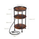 Small Round Side Table with Charging Station for Small Spaces, 3-Tier Round Accent Table with USB Ports & Power Outlets, Round Corner Table Tea Sofa Side Table for Living Room Bedroom (Rustic Brown) ZEXVIDA