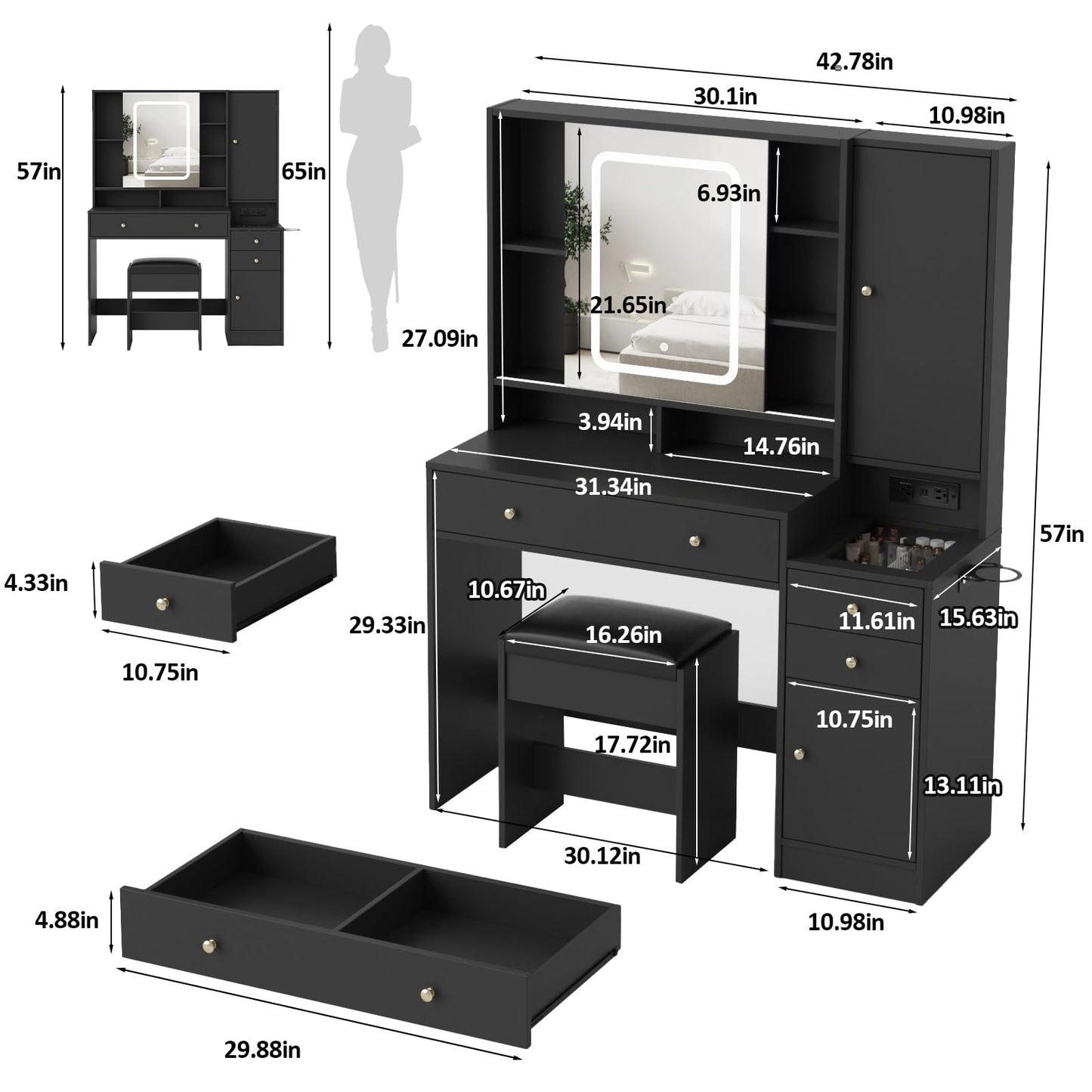 Vanity Table with Mirror, Lights and Charging Station - Glass Top Vanity with 3 Drawers, Jewelry Cabinet and Sliding Door, 42.8 Inches - WoodArtSupply