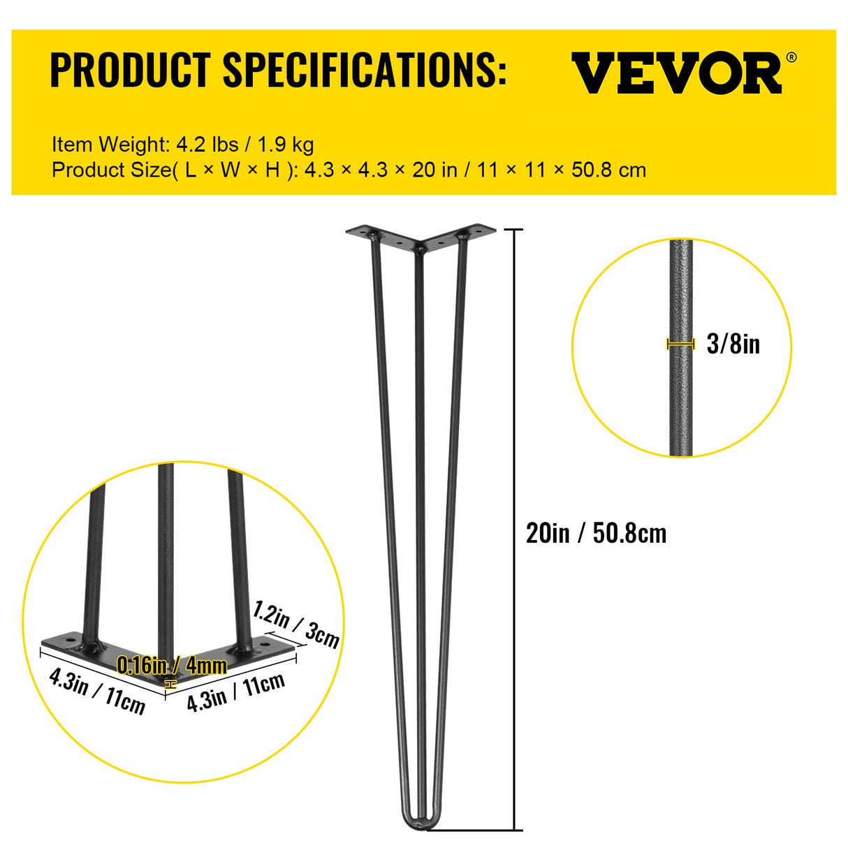 VEVOR Hairpin Table Legs 20" Black Set of 4 Desk Legs 880lbs Load Capacity (Each 220lbs) Hairpin Desk Legs 3 Rods for Bench Desk Dining End Table Chairs Carbon Steel DIY Heavy Duty Furniture Legs VEVOR
