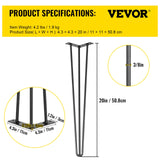 VEVOR Hairpin Table Legs 20" Black Set of 4 Desk Legs 880lbs Load Capacity (Each 220lbs) Hairpin Desk Legs 3 Rods for Bench Desk Dining End Table Chairs Carbon Steel DIY Heavy Duty Furniture Legs VEVOR