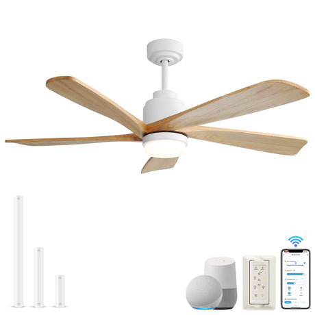 Sofucor Smart Ceiling Fan with Lights, 52 Inch Mordern Wood Ceiling Fan Working with Alexa/Google/App, for Indoor Farmhouse Bedroom Living Room Outdoor Patio Porch, Reversible DC Motor Sofucor