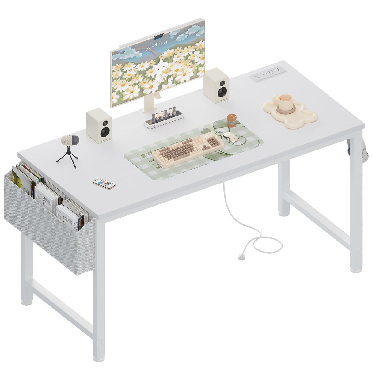 Lufeiya White Computer Desk with Power Outlet, 47 inch Teen Study Table Home Office Work Writing Gaming Desks with Charging Station Outlets Built in, White Lufeiya