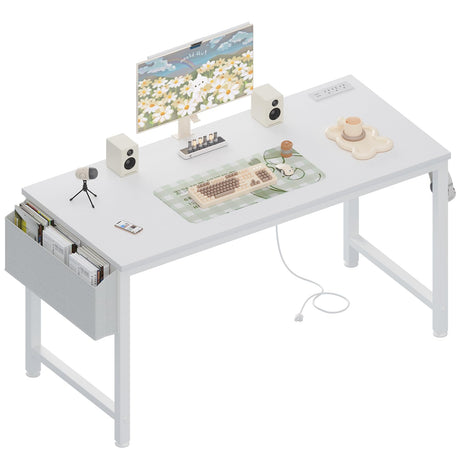 Lufeiya White Computer Desk with Power Outlet, 47 inch Teen Study Table Home Office Work Writing Gaming Desks with Charging Station Outlets Built in, White Lufeiya