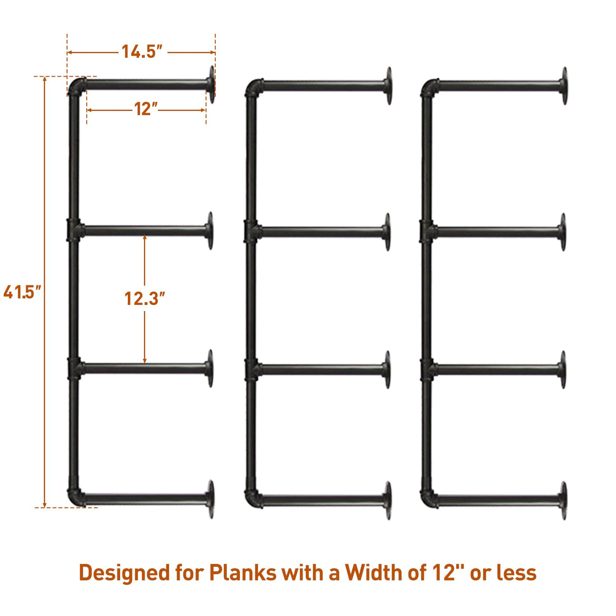 HITOMEN Industrial Iron Pipe Shelves, 3 Set 4-Tier 41.5" Tall 12" Depth, DIY Open Bookshelf Bookcase, Wall Mounted Vintage Retro Shelving, Rustic Farmhouse Pantry Kitchen Storage, Black Shelf Brackets HITOMEN