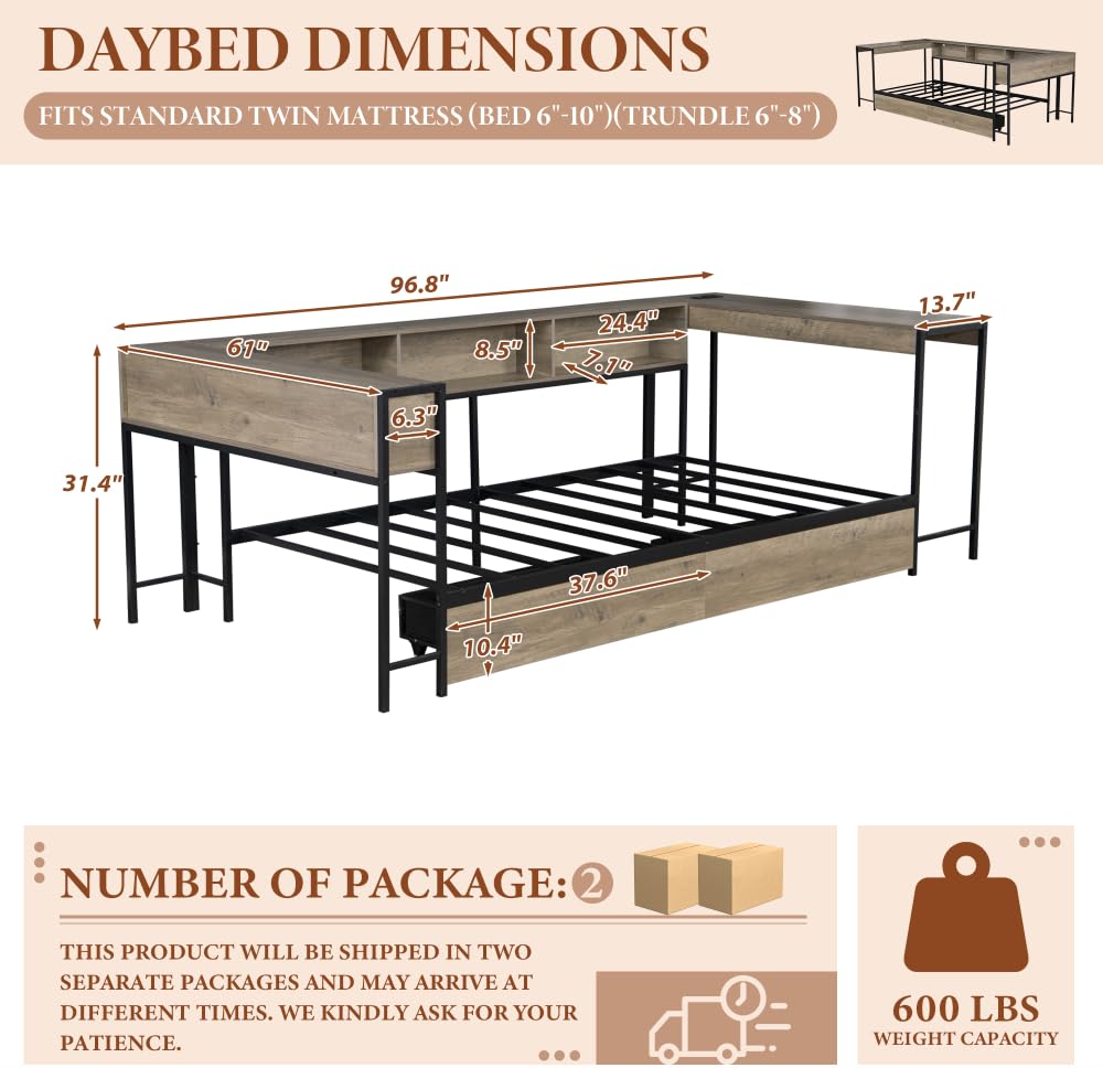 Full Size Corner Bed Frame with LED Lights, Bookcase Headboard, 2 Storage Drawers, Charging Station & Reversible Hutch Desk – Modern Metal Daybed for Bedroom, Guest Room or Living Room, Brown (Full) TTK