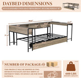 Full Size Corner Bed Frame with LED Lights, Bookcase Headboard, 2 Storage Drawers, Charging Station & Reversible Hutch Desk – Modern Metal Daybed for Bedroom, Guest Room or Living Room, Brown (Full) TTK