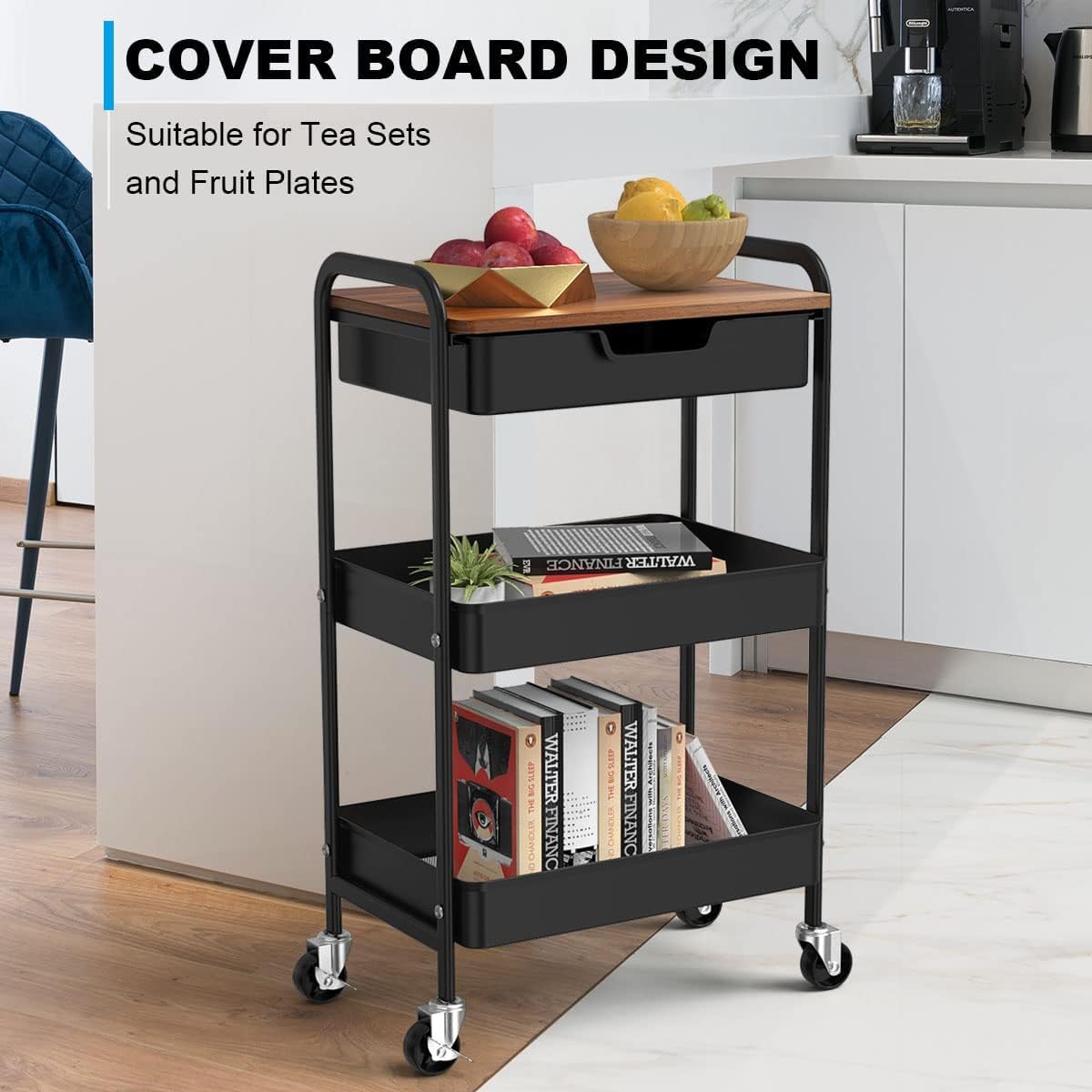 Aratan 3 Tier Rolling Cart with Drawer, Metal Utility Cart on Wheels Storage Cart with Wood Top, Kitchen Cart Art Cart Organizer for Bathroom Office Balcony Living Room - WoodArtSupply