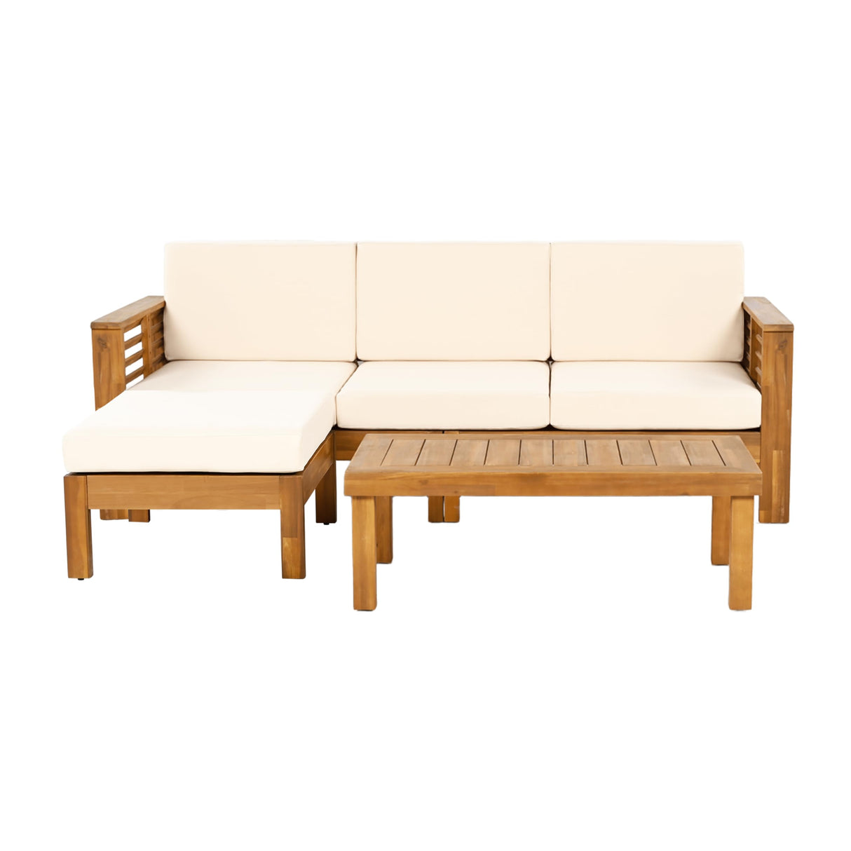 Christopher Knight Home Havets 3 Pieces Outdoor Acacia Furniture Set, Slat Panel Couch, Spacious Seating Armchair, 6" Thick Cushions Sofa and Coffee Table Set for Backyard Garden Balcony, Teak+Beige Christopher Knight Home