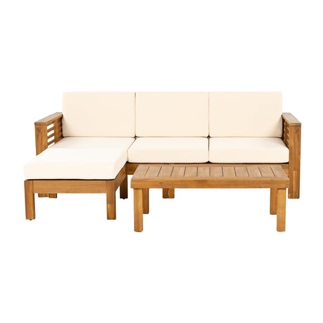 Christopher Knight Home Havets 3 Pieces Outdoor Acacia Furniture Set, Slat Panel Couch, Spacious Seating Armchair, 6" Thick Cushions Sofa and Coffee Table Set for Backyard Garden Balcony, Teak+Beige Christopher Knight Home