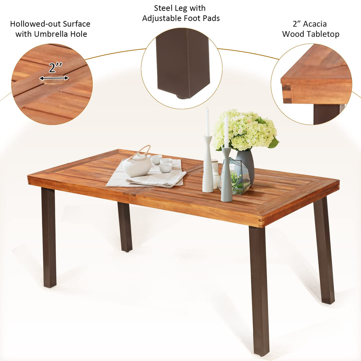 Tangkula 7 Pieces Patio Dining Set, Patiojoy Outdoor Conversation Set w/Acacia Wood Top Table & 6 Stackable Rattan Chairs, Wicker Dining Furniture w/Umbrella Hole, Steel Frame, Sponge Seat Cushions Tangkula