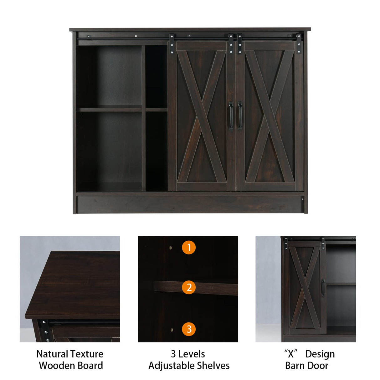 4 EVER WINNER Coffee Bar Cabinet with Storage, 42” Sideboard Buffet Cabinet with Sliding Barn Doors, Farmhouse Coffee Bar Station Table Liquor Wine Bar Cabinet with Shelves for Kitchen, Espresso 4 EVER WINNER