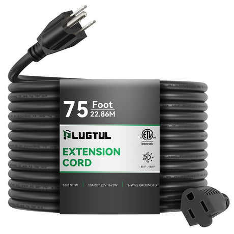 PLUGTUL Extension Cord 75 FT, 16/3 Outdoor Extension Cord Waterproof, Heavy Duty 3 Prong Extension Cord Black, 13A 1625W SJTW, ETL Listed, Great for Garden and Home PLUGTUL