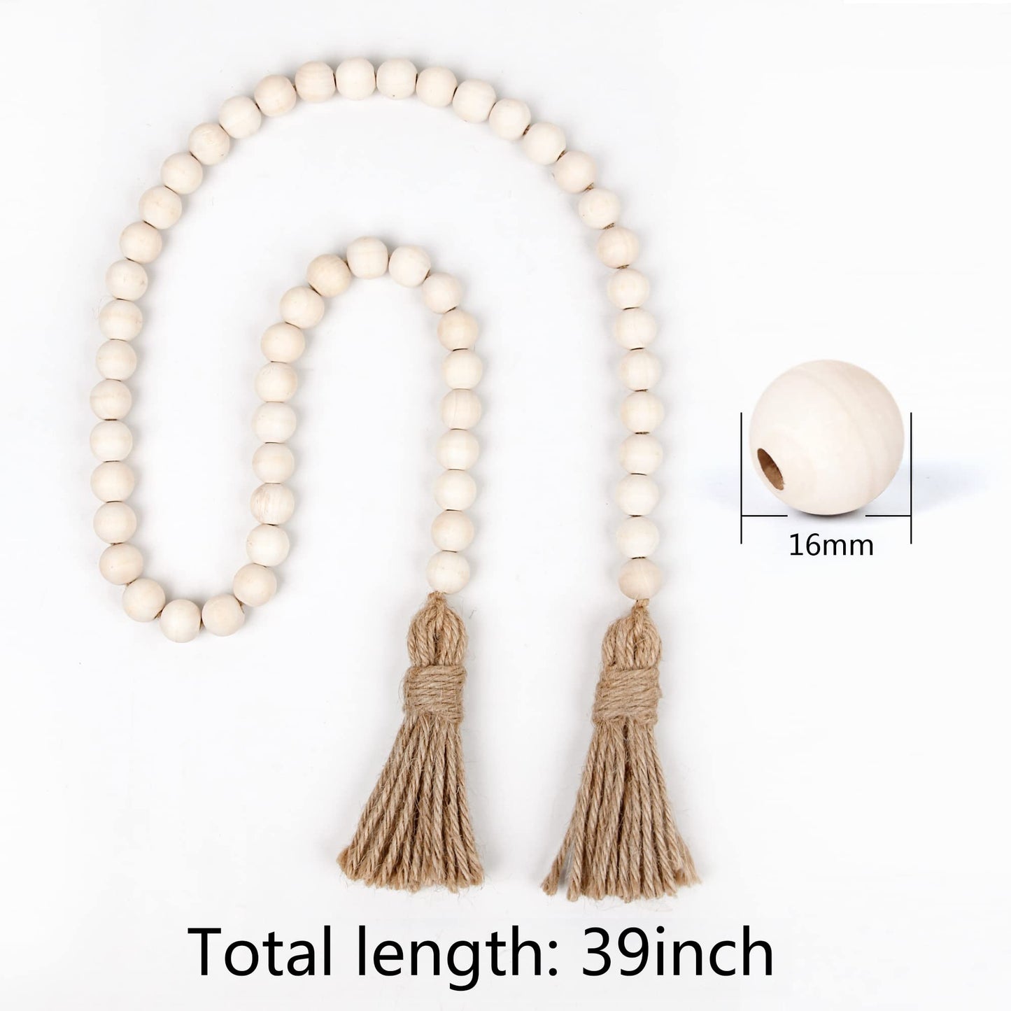 Wood Bead Garland Farmhouse Beads with Tassels,Farmhouse Tassel Garland Country Wall Hanging Decor Prayer Beads(39 inches/Nature)