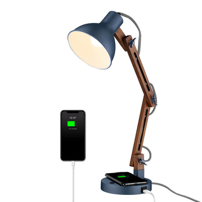 ELYONA Sapele Wood Desk Lamp with Upgraded Wireless Charger, Swing Arm Table Lamp with USB C Charging Port, Reading Task Light for Bedroom, Dorm, Office, Living Room, LED Bulb Include, Modern Blue