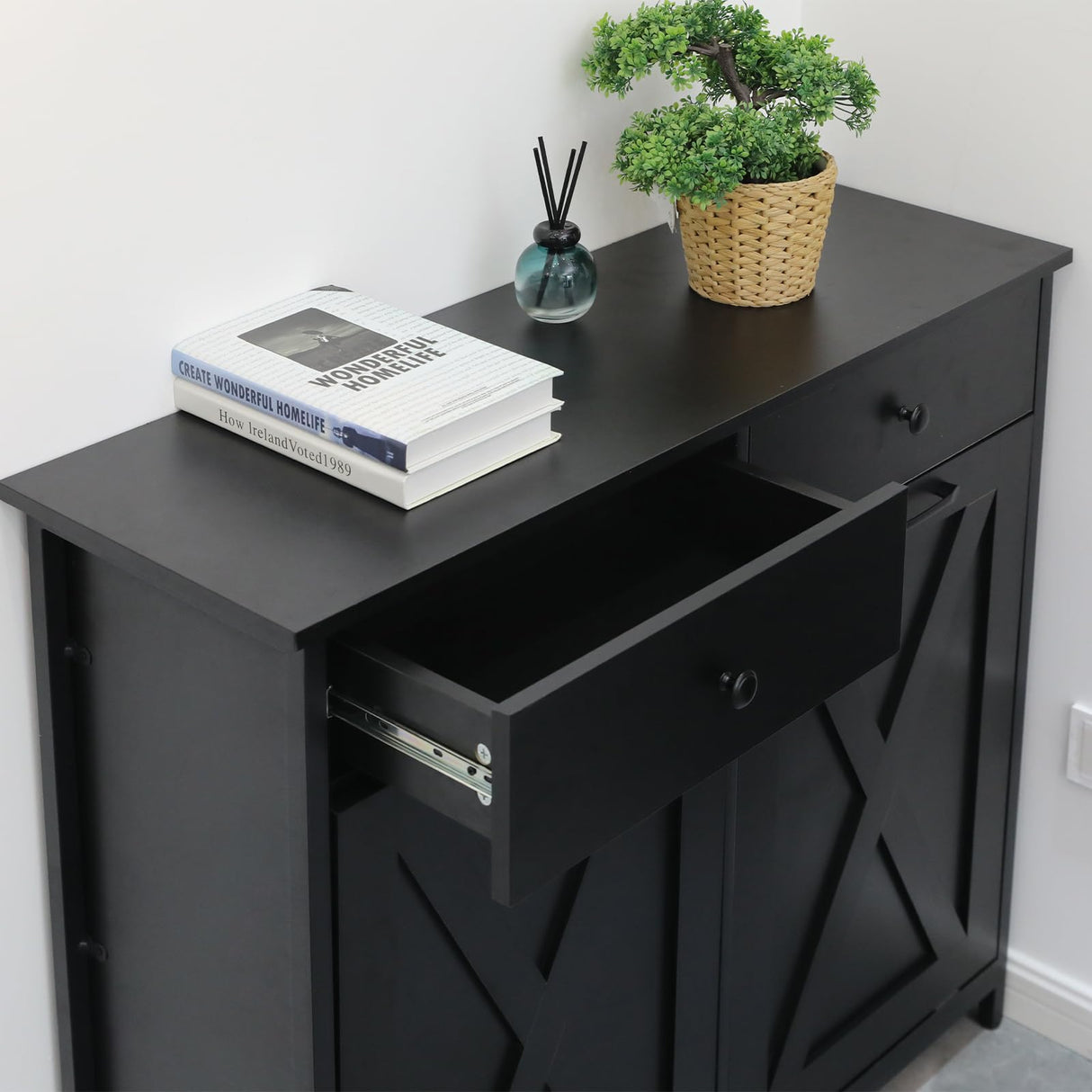 Clevich Double Tilt Out Trash Cabinet 20 Gal, Kitchen Wooden Recycling Cabinet, Hidden Trash Can Holder w/Drawers & Tabletop, Dog-Proof Trash Bin Cabinet, Trash Bins NOT Included(Black) Clevich