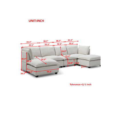 6 Seater Oversized Modular Sectional Sofa Couch, Down Filled U / L Shaped Free Combination Convertible Sofa&Couch with Movable Ottomans and Thicked Cushions for Living Room Apartment ,Linen Fabric