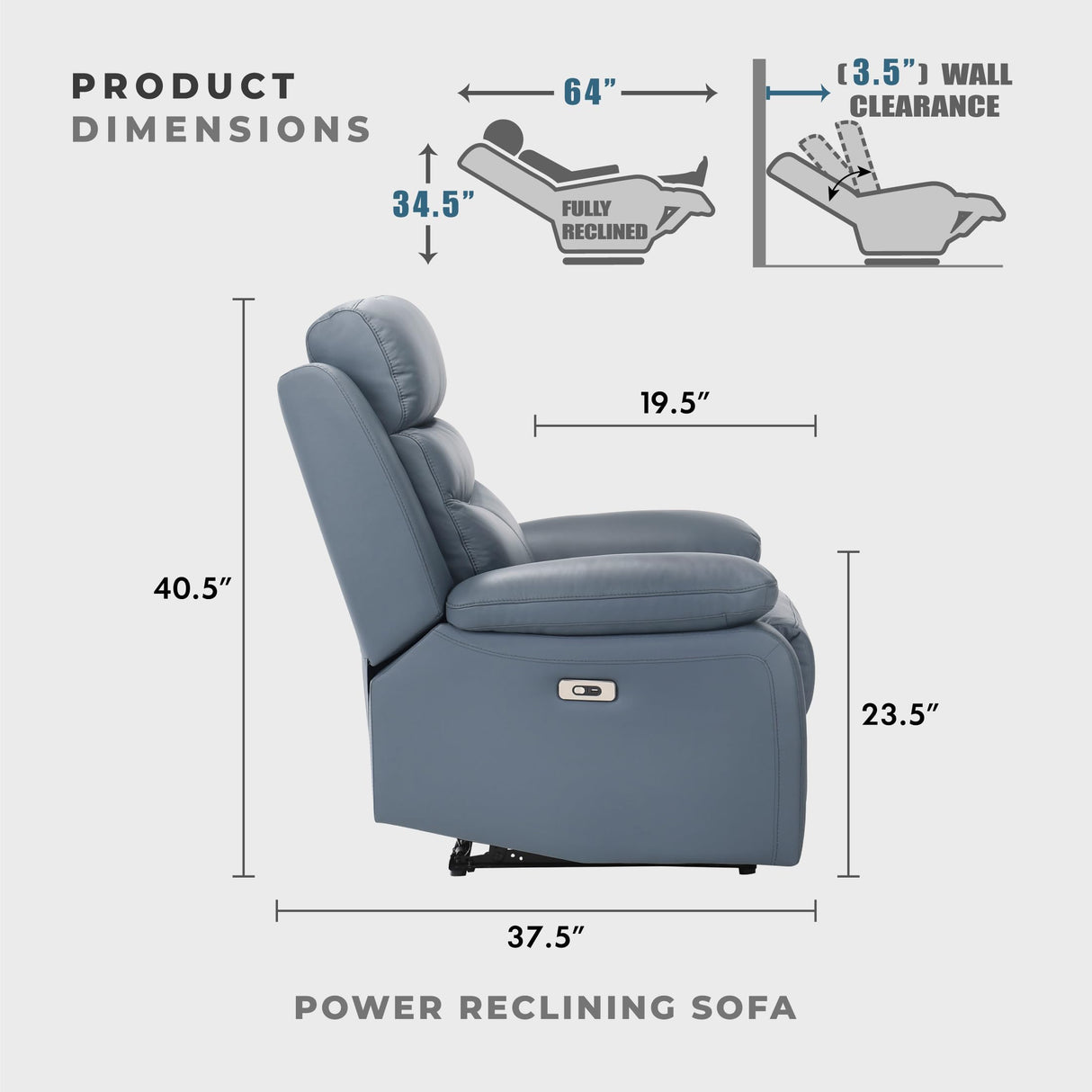 Lexicon Recliner Sofa for Living Room, Double Reclining RV Couch, Power Wall Hugger Recliner Home Theater Seating Leather Match Reclining Sofa, with USB Charge Port, 86.5''W Sofa, Blue Lexicon