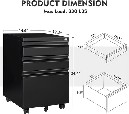 MIIIKO 3 Drawer File Cabinet on Wheels, Home Office Mobile File Cabinet Under Desk, Full Assembled Metal Filing Cabinets with Lock for Legal/Letter/A4 File Folders - WoodArtSupply