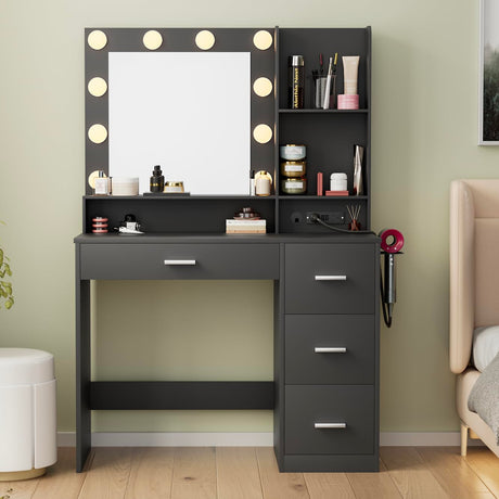 JUMMICO 39.3'' Vanity Desk with LED Lighted Mirror &Power Outlet, Makeup Vanity Table with 4 Large Drawers and 3 Storage Shelves, 3 Model Adjustable Lights for Bedroom & Dressing Room(Black) JUMMICO