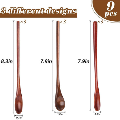 HANSGO 9PCS Wooden Coffee Spoons, Long Handle Wooden Spoon Mixing Honey Spoon Handmade Wood Stirring Spoon for Team Jam Dessert Honey Kitchen Utensil