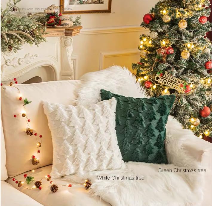 TBAVNOSY Christmas Tree Pillow Covers Set of 2 18x18 inches, 3D Xmas Tree Shaped Faux Fur Throw Pillow Covers for Couch, Sofa, Living Room Winter Holiday Decor, Farmhouse (Dark Green) TBAVNOSY
