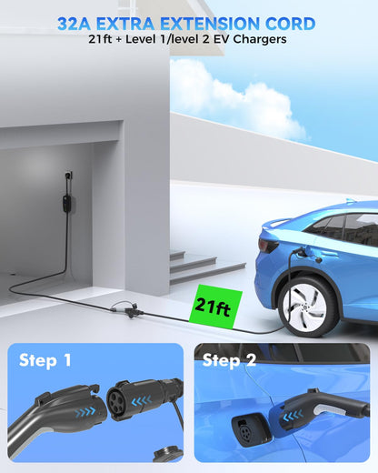 EV Charger Extension Cable, 21ft 32Amp J1772 Extension Cable Compatible with 110V-240V SAE J1772 EV Chargers, Suitable for J1772 EVs/PHEVs, Level 1/ Level 2 IP66 Car Charger Extension Cord wi - WoodArtSupply