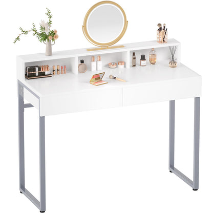 GreenForest Vanity Desk with 2 Drawers,White Makeup Desk with 3 Storage Spaces,31.5inch Small Desk for Bedroom with Metal Silver Legs,Morden Computer Desk Home Office Desk,No Mirror