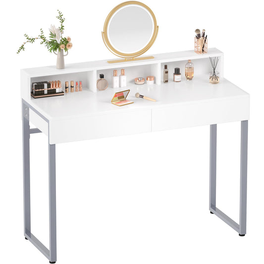 GreenForest Vanity Desk with 2 Drawers,White Makeup Desk with 3 Storage Spaces,31.5inch Small Desk for Bedroom with Metal Silver Legs,Morden Computer Desk Home Office Desk,No Mirror - WoodArtSupply